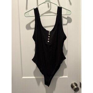 Free People Henley Black Tank Ribbed Wood Button Detail Bodysuit Medium M
